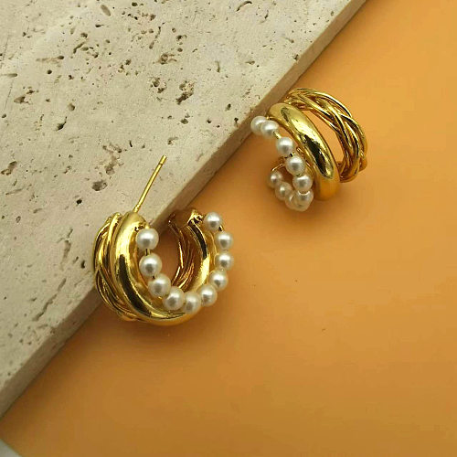 Pendientes de cobre retro en forma de C Pendientes de cobre con incrustaciones de perlas