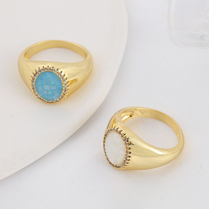 Casual Retro Colorful Oval Copper Plating Inlay Shell 18K Gold Plated Rings
