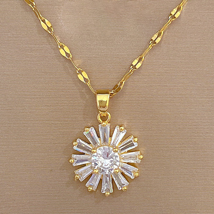 Luxuriöse Sonnenblumen-Titanstahl-Kupfer-Inlay-Zirkon-Ohrring-Halskette
