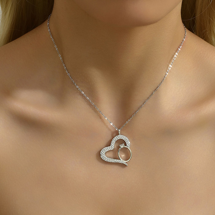 Romantic Sweet Oval Heart Shape Copper 18K Gold Plated White Gold Plated Zircon Pendant Necklace In Bulk