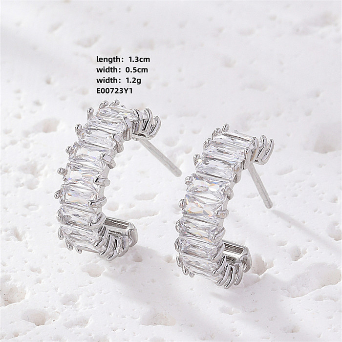1 Pair Casual Luxurious Shiny C Shape Rectangle Plating Inlay Copper Zircon White Gold Plated Gold Plated Ear Studs