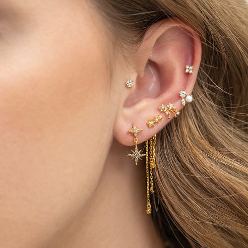 1 ensemble de clous d'oreilles en Zircon, pentagramme, fleur, incrustation de cuivre, à la mode