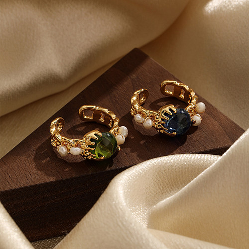 IG estilo redondo cobre pérola embutimento zircão 18K anéis abertos banhados a ouro