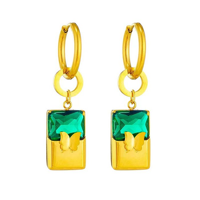 Vintage Style Simple Style Butterfly Rectangle Titanium Steel Plating Inlay Zircon 18K Gold Plated Earrings Necklace