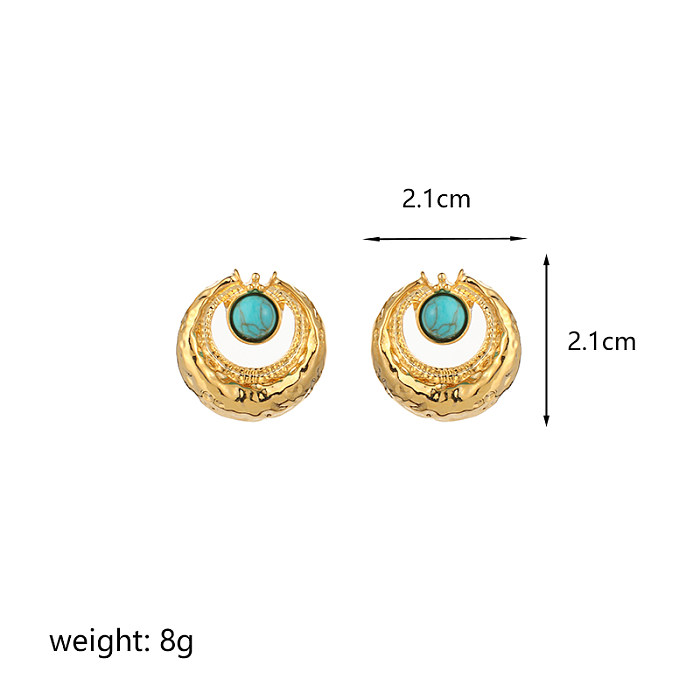 1 par de pinos de orelha banhados a ouro 18K, estilo simples, revestimento geométrico, incrustação de cobre, turquesa, pérola de água doce