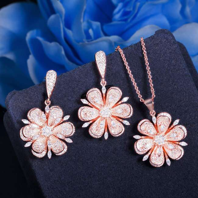 Elegante flor romântica chapeamento de cobre incrustação zircão rosa banhado a ouro brincos colar
