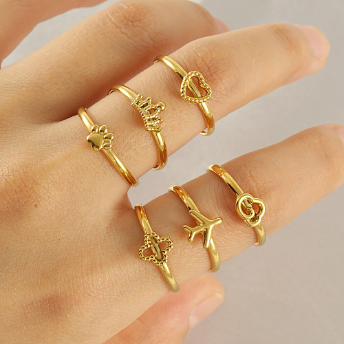 Elegante estilo simples nuvens coração forma coroa chapeamento de aço inoxidável anel aberto banhado a ouro 18K