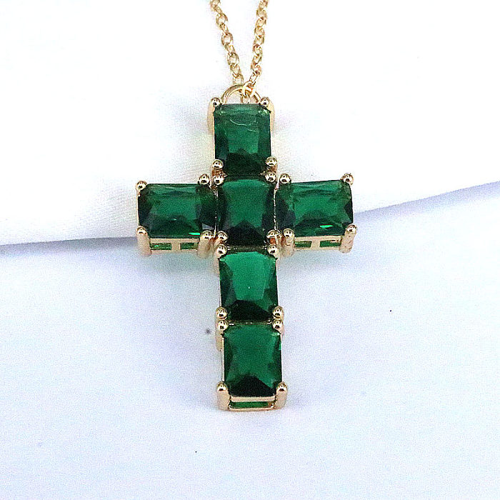 Fashion Cross Copper Gold Plated Inlay Zircon Pendant Necklace 1 Piece
