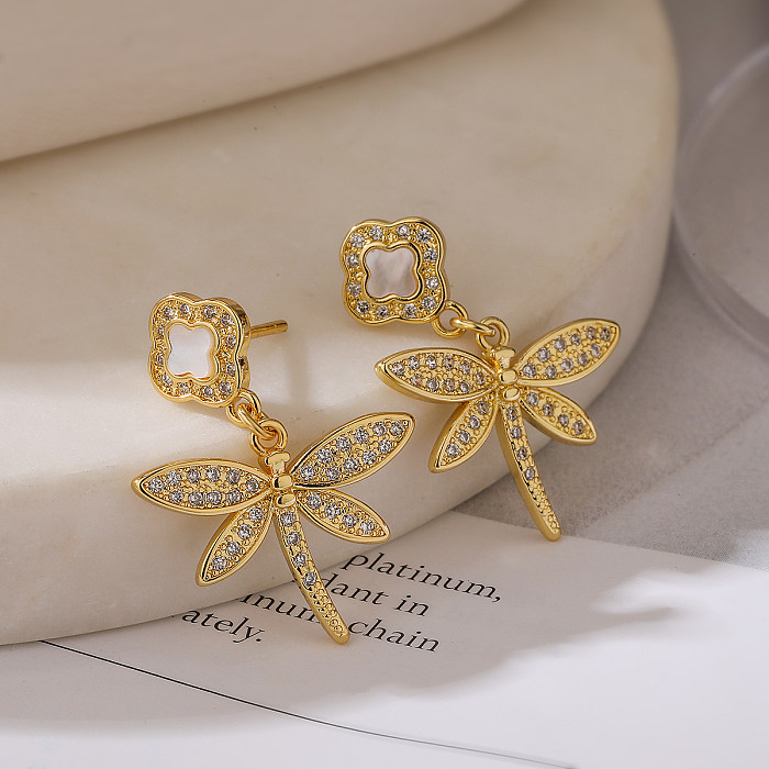 1 paire de boucles d'oreilles pendantes en forme de cœur, Style Simple, incrustation de placage de libellule en cuivre et Zircon plaqué or 18 carats