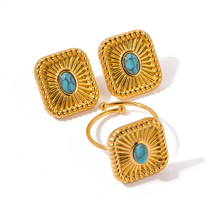 IG Style Retro Rectangle Stainless Steel Plating Inlay Turquoise 18K Gold Plated Rings Earrings