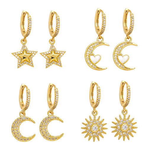 1 paire de boucles d'oreilles Style IG Streetwear, soleil, étoile, lune, incrustation de cuivre et Zircon plaqué or 18 carats