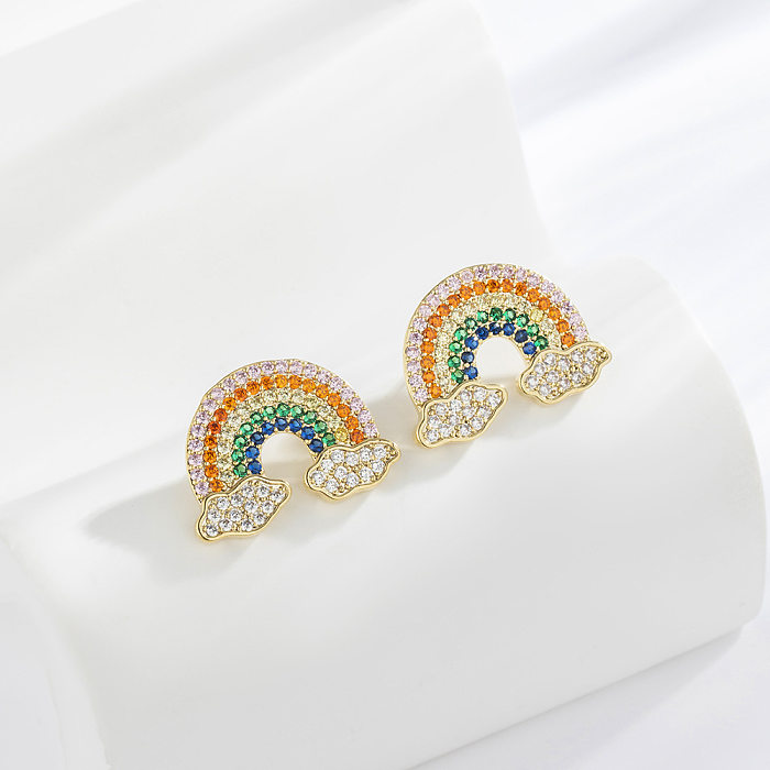 1 Pair Cute Rainbow Inlay Copper Zircon Ear Studs
