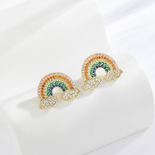 1 Pair Cute Rainbow Inlay Copper Zircon Ear Studs
