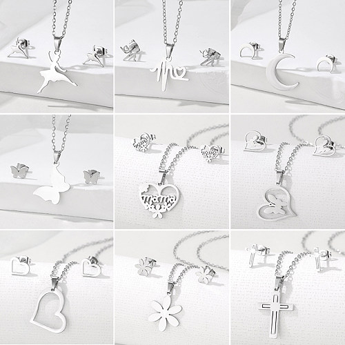 Boucles d'oreilles ajourées en acier inoxydable, Style classique, croix, forme de cœur, papillon, collier, Style Simple