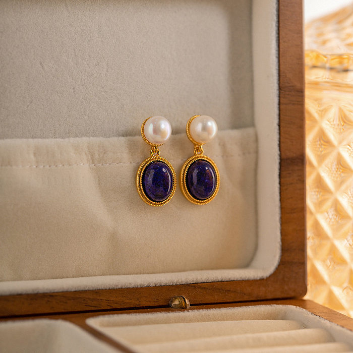 1 Pair Retro Oval Copper Inlay Artificial Gemstones Pearl Drop Earrings