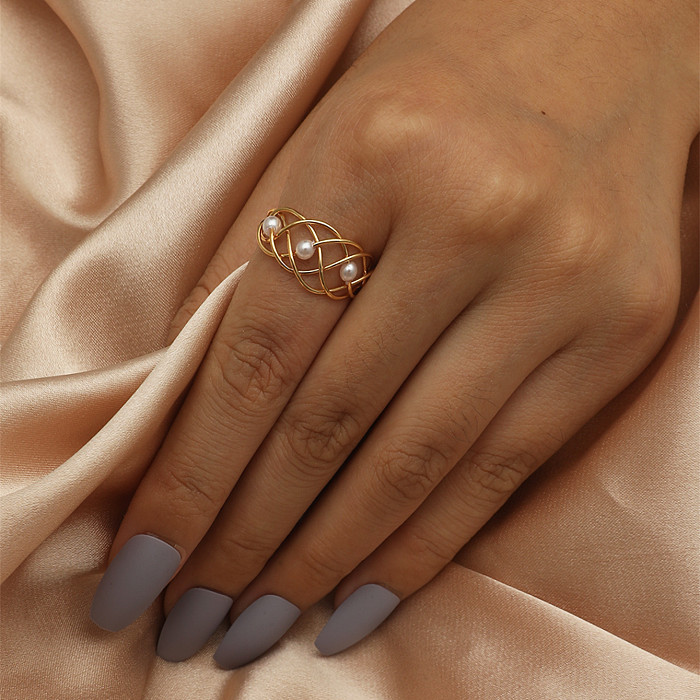 Casual Simple Style Lines Copper Pearl Plating Open Ring