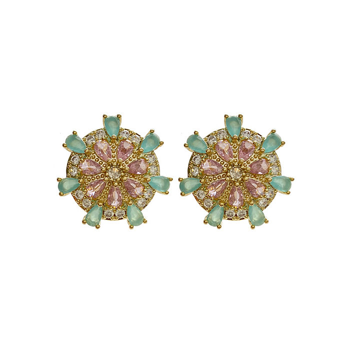 1 par de brincos de orelha de zircão de cobre com incrustações de flores glam