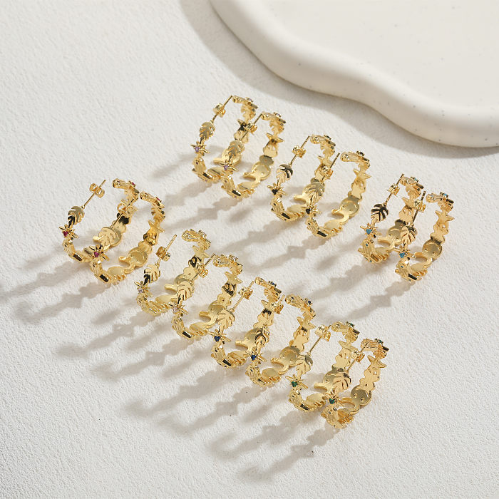 1 Stück elegante, luxuriöse, klassische Blatt-Stern-Plating-Inlay-Kupfer-Zirkon-Ohrringe mit 14-Karat-Vergoldung