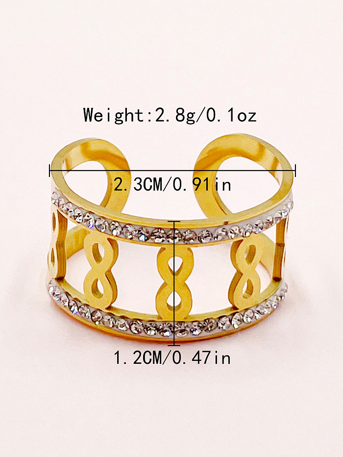 Eleganter, schlichter, offener Infinity-Ring aus Edelstahl mit vergoldeten Strasssteinen in großen Mengen