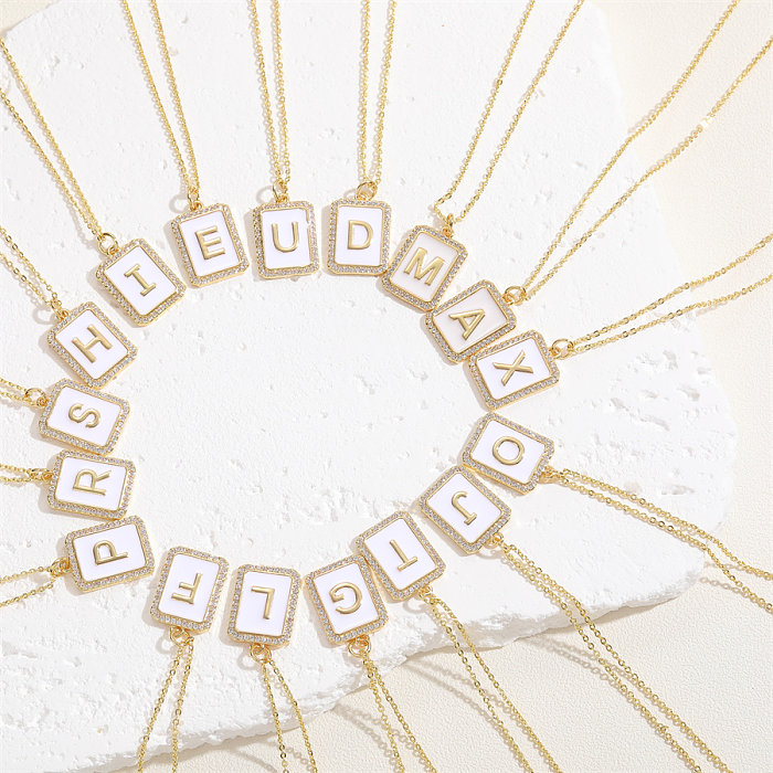 Simple Style Letter Rectangle Brass Plating Inlay Zircon 14K Gold Plated Pendant Necklace