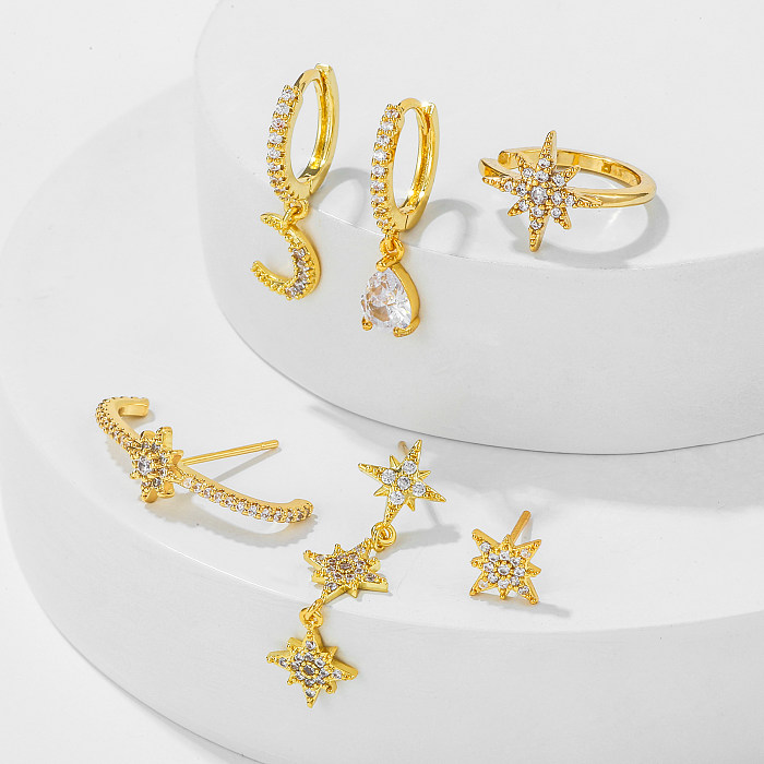 6 Pieces Simple Style Hexagram Moon Brass Asymmetrical Plating Inlay Zircon 18K Gold Plated Drop Earrings