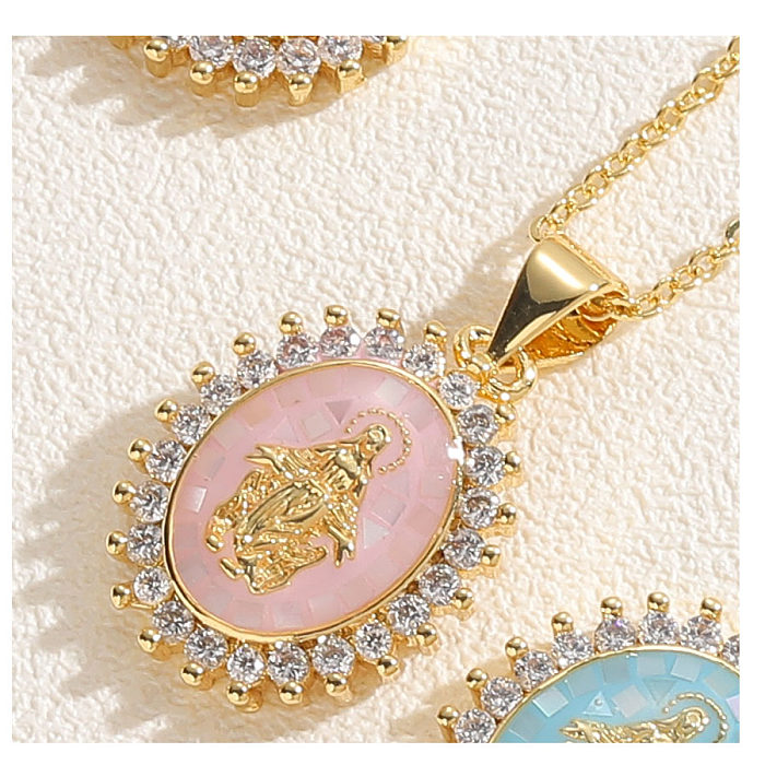 Simple Style Commute Human Oval Brass Epoxy Plating Inlay Zircon 14K Gold Plated Pendant Necklace