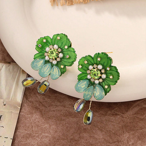 1 Pair Vintage Style Flower Inlay Copper Glass Zircon Drop Earrings
