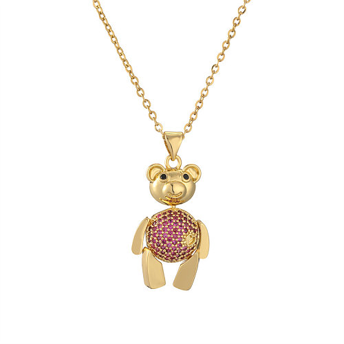 Einfache Halskette mit kleinem Bären-Kupfer-Inlay und vergoldetem Zirkon-Anhänger