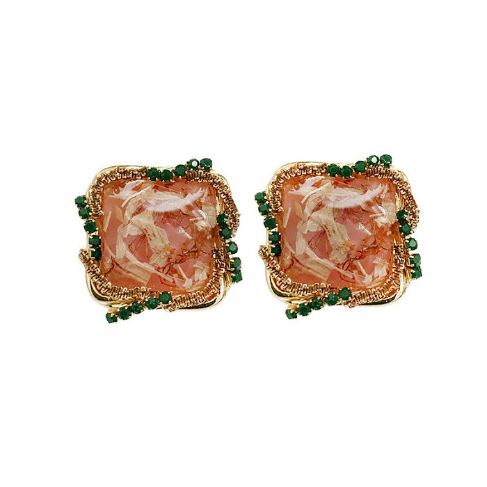 1 Pair Lady Square Plating Inlay Copper Resin Zircon Ear Studs