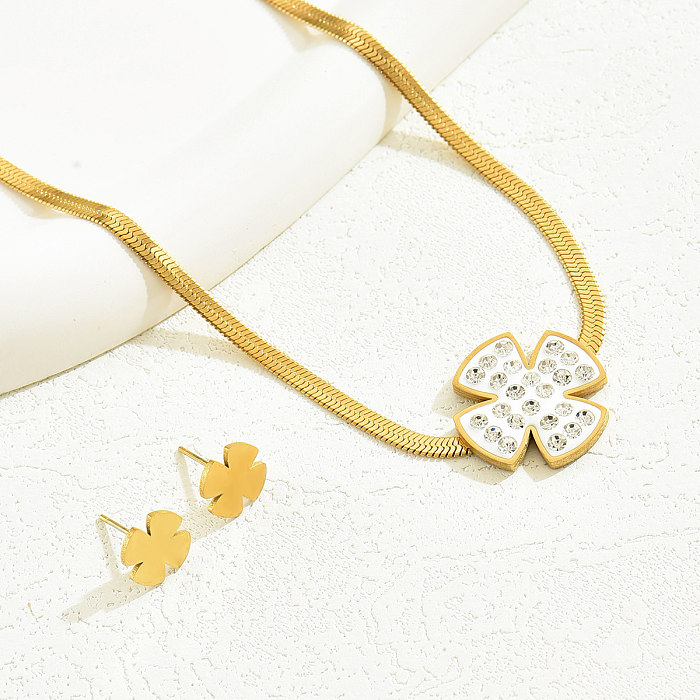 Casual Classic Style Commute Four Leaf Clover Palm Stainless Steel Plating Inlay Rhinestones 18K Gold Plated Earrings Necklace