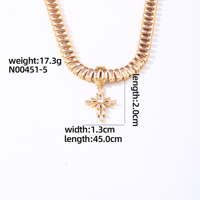 Glam Shiny Cross Rectangle Copper Plating Inlay Zircon Gold Plated Pendant Necklace