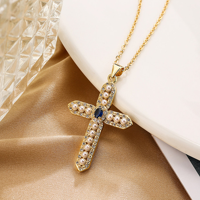 Schlichter Stil, Pendelkreuz-Kupfer, 18 Karat vergoldet, künstliche Perlen, Zirkon-Anhänger-Halskette in großen Mengen