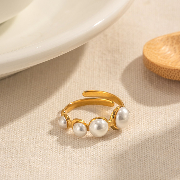 Basic Modern Style Geometric Stainless Steel Plating Inlay Artificial Pearls 18K Gold Plated Open Rings