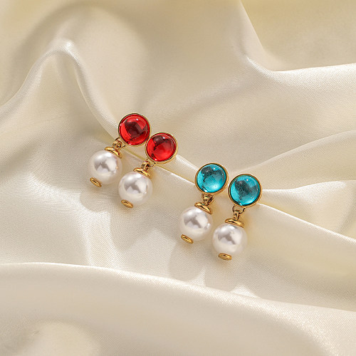 1 Pair Retro Simple Style Commute Round Plating Inlay Copper Artificial Pearls Resin 18K Gold Plated Drop Earrings