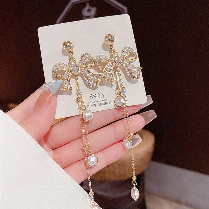 Fashion Star Butterfly Bow Knot Imitation Pearl Copper Tassel Rhinestones Drop Earrings 1 Pair