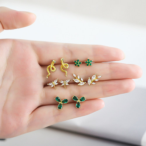 1 Pair Cute Simple Style Leaves Snake Crab Plating Inlay Copper Zircon 18K Gold Plated Ear Studs