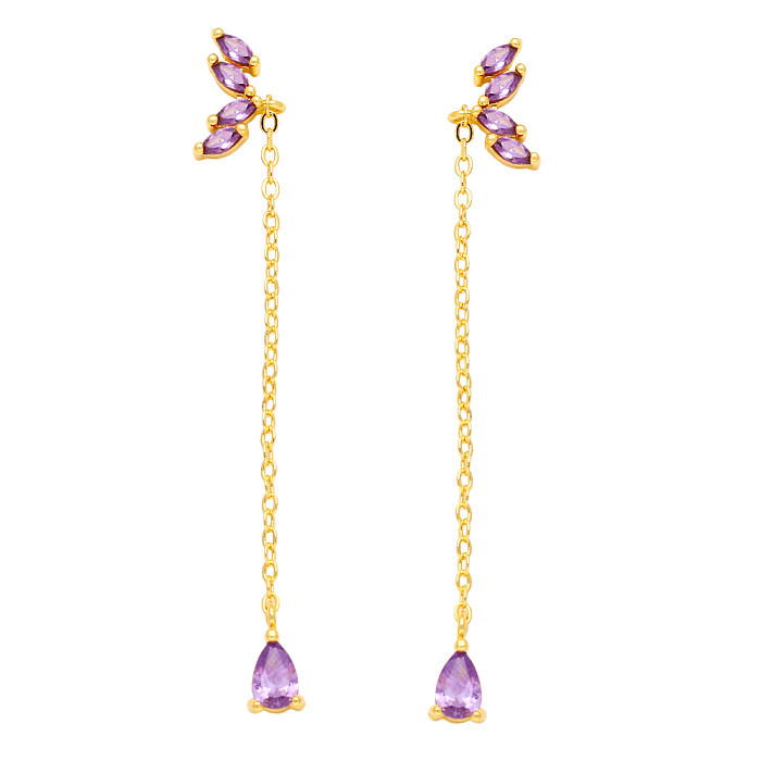 Fashion Water Droplets Butterfly Copper Tassel Plating Zircon Dangling Earrings 1 Pair