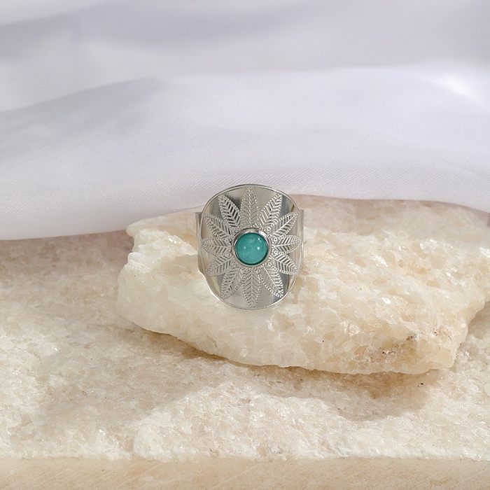 Fashion Round Stainless Steel Inlay Turquoise Open Ring