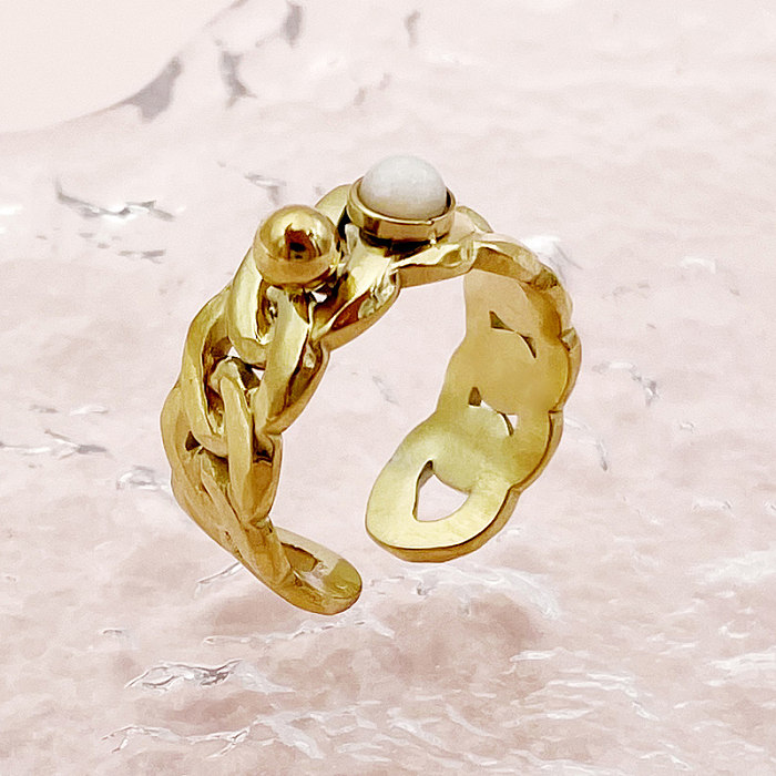 Elegante estilo romano em forma de C, revestimento de aço inoxidável, pedra natural, anéis abertos banhados a ouro