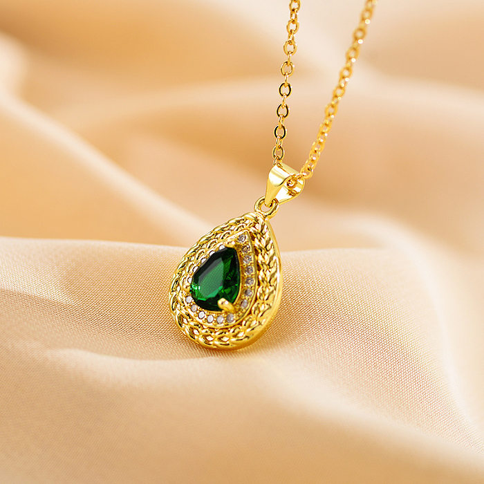 Retro Oval Water Droplets Titanium Steel Copper Inlay Zircon Gold Plated Pendant Necklace