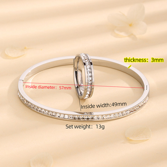 Elegante cor sólida titânio chapeamento de aço strass incrustados anéis banhados a ouro 18K pulseiras