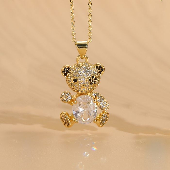 Elegant Luxurious Bear Copper Plating Inlay Zircon 14K Gold Plated Pendant Necklace