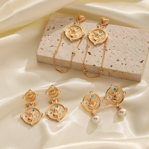 1 par de brincos elegantes clássicos banhados a anjo com strass de cobre embutidos banhados a ouro 18K