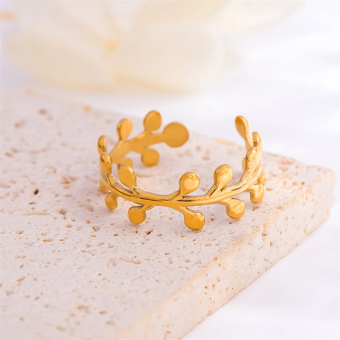 Streetwear Round Leaves Stainless Steel Plating 18K Gold Plated Open Rings