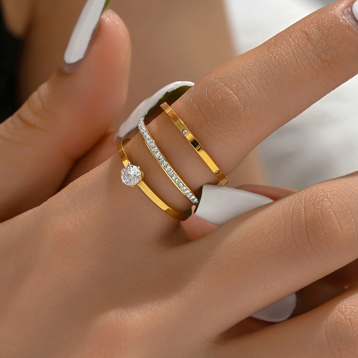 Casual Basic Vacation Solid Color Stainless Steel Plating Inlay Zircon 18K Gold Plated Rings