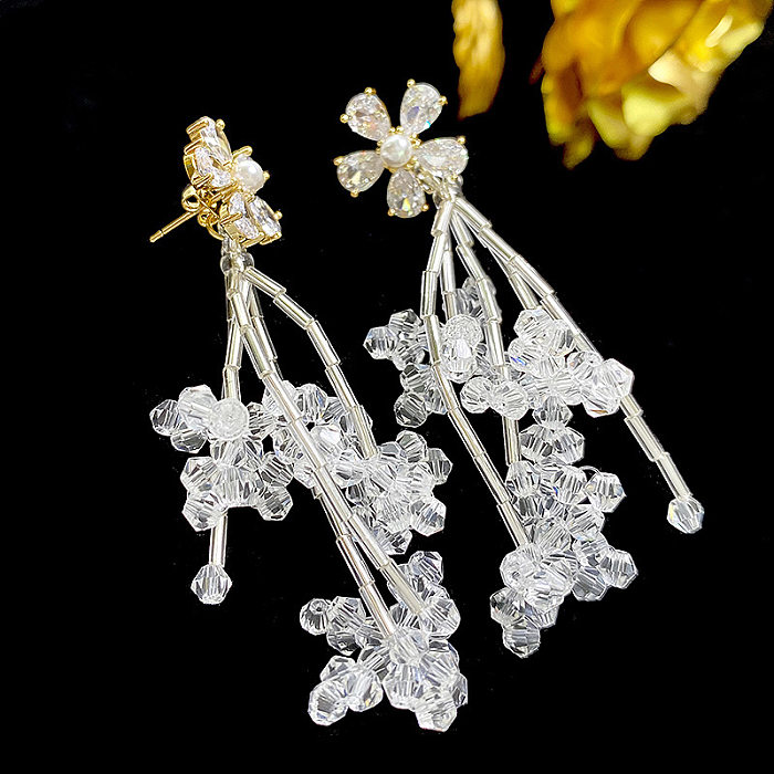 1 Pair Sweet Flower Inlay Copper Artificial Crystal Zircon Drop Earrings