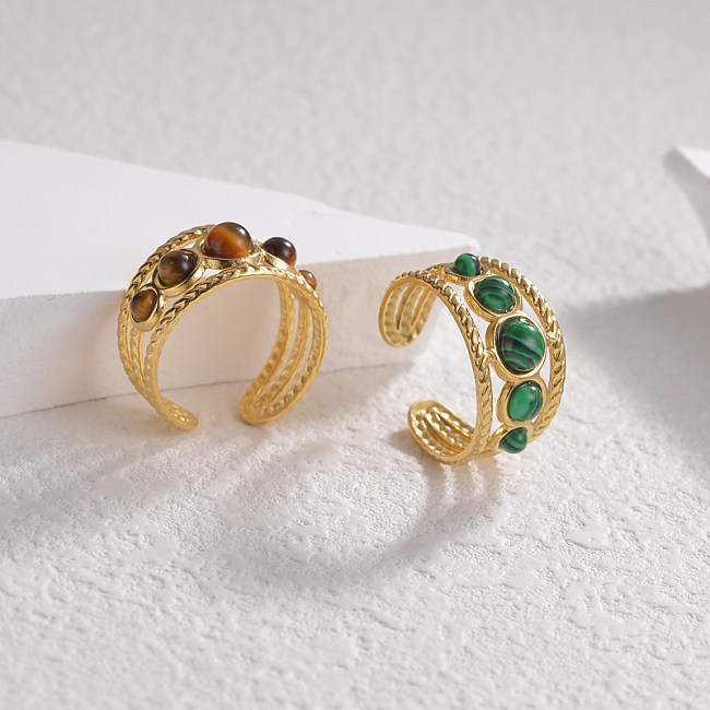 Luxurious Gem Stainless Steel 18K Gold Plated Natural Stone Open Ring In Bulk