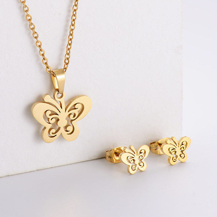 Stainless Steel Hollow Butterfly Pendant Earrings Clavicle Chain Set