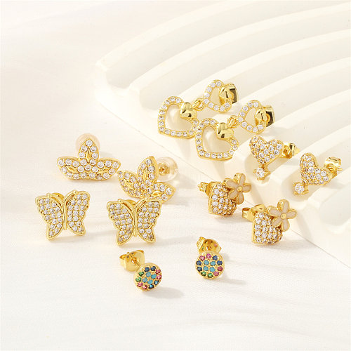 1 Pair Simple Style Heart Shape Flower Butterfly Plating Inlay Copper Zircon 18K Gold Plated Drop Earrings Ear Studs