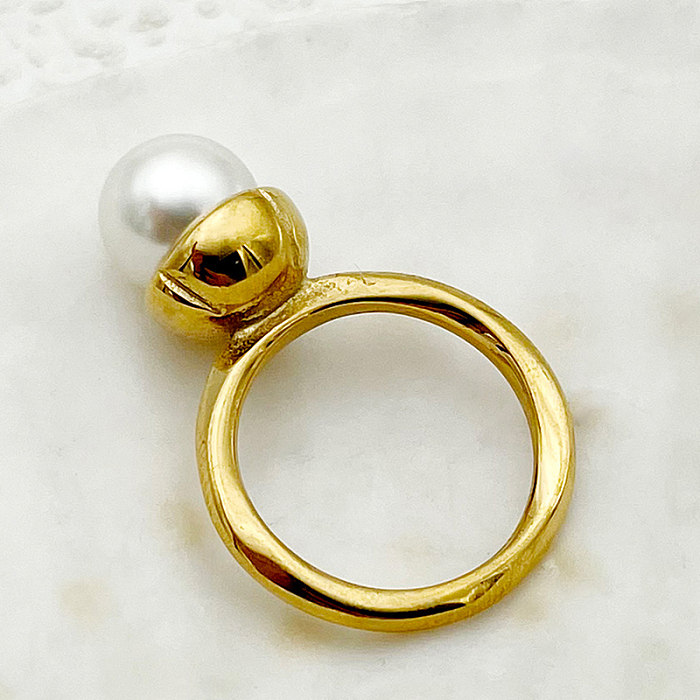 Wholesale Elegant Sweet Roman Style Solid Color Stainless Steel Plating Inlay Gold Plated Pearl Rings